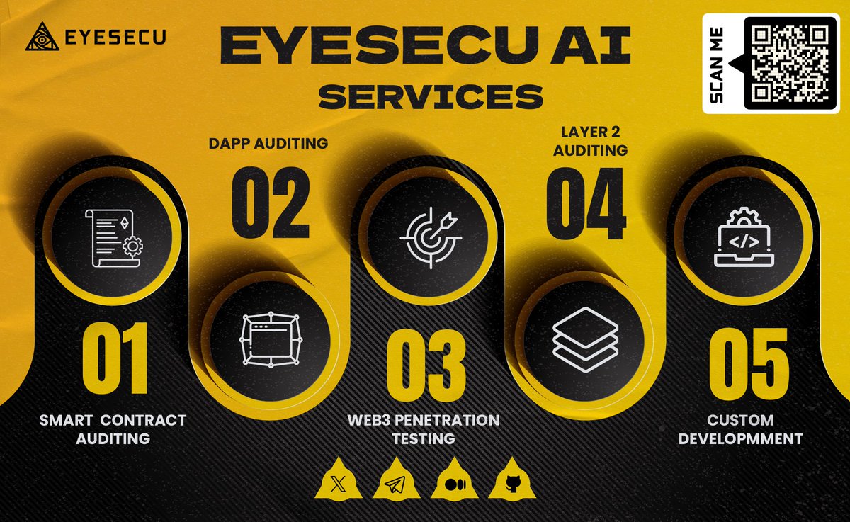 🔒EyeSecu AI: Your Blockchain Security Experts 

Elevating blockchain safety with our top-tier audit services:

⚡️Smart Contract Audits: Detect and fix 
vulnerabilities.
⚡️Layer 2 Auditing: Secure complex scaling solutions.
⚡️Penetration Testing: Uncover and address security…