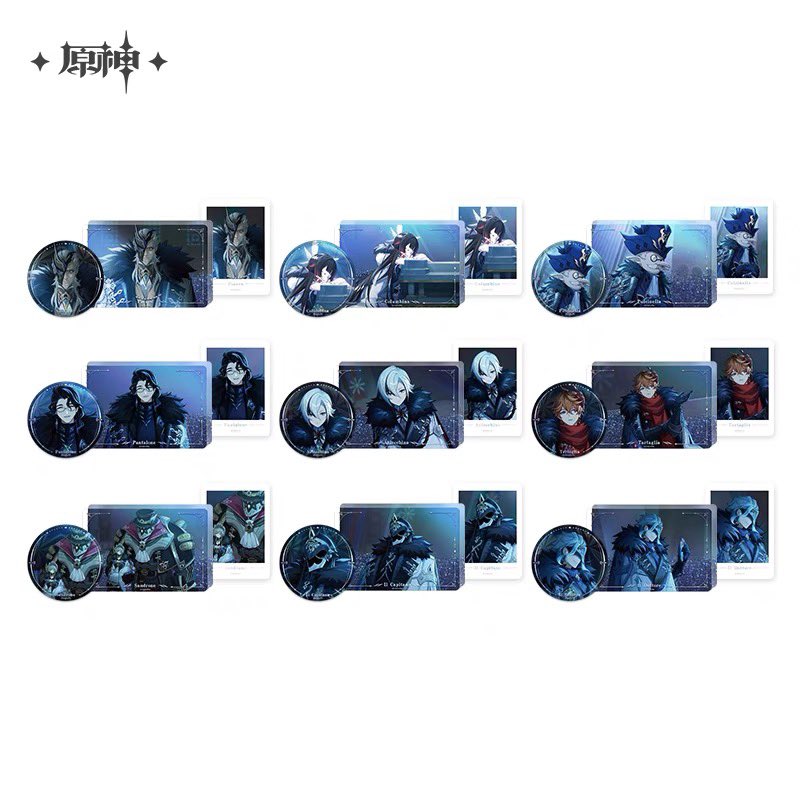 GenshinUpdate's tweet photo. A Winter Night's Lazzo Merchandise Series Including Badge, Quicksand Acrylic Block (Polaroid will be available as gift when purchase combo of badge and acrylic block)
Available for sale on May 1
▶️Tmall link: https://t.co/5pgV7c3EWd 
#GenshinImpact #原神 #원신 https://t.co/rNqvcYFsQA