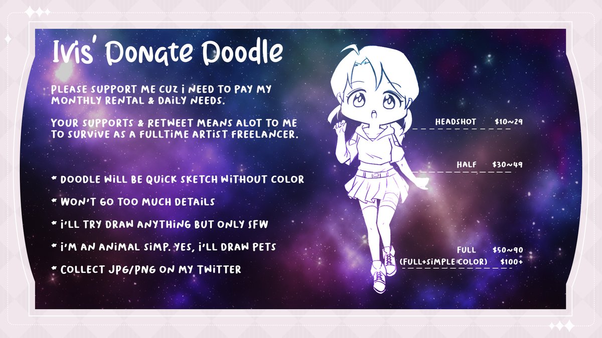 ‼️Emergency Help ‼️
Been sick for more than a week now, havent recover &amp; possible i might had affected my housemate so this cant go on yet i couldn't get medicine

1. donate: ko-fi.com/ivis_sans
2. dm me with character ref &amp; screenshot of your donor
3. i start drawing &amp; dm u