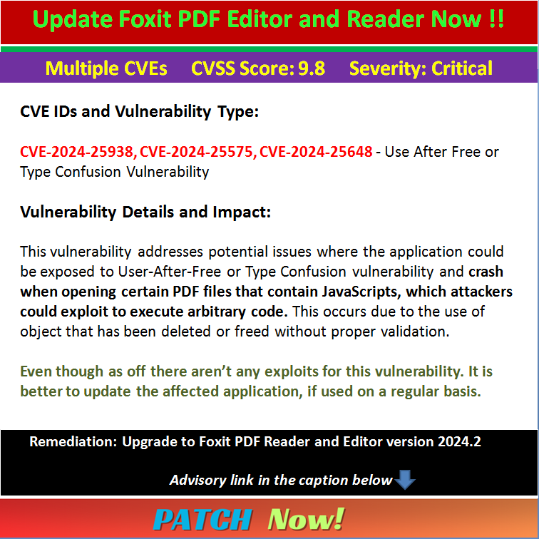 Update Foxit PDF Editor and Reader.. 

#PatchNow
#cybersecurity
#hacked
#Cyberattack
#infosec
#CyberSecurityAwareness
#DataBreach
