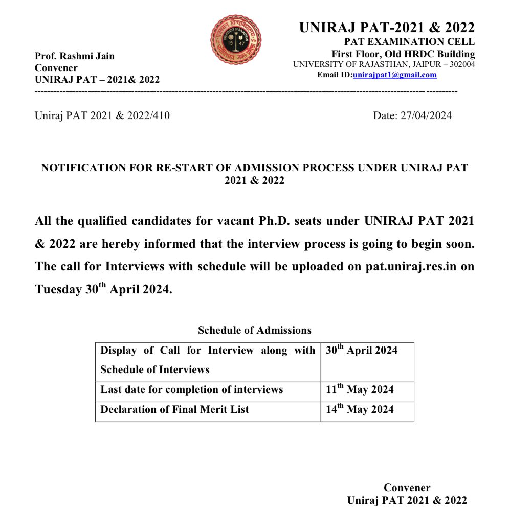 Notification for restart of admission process under UNIRAJ PAT 2021 &amp; 2022.

#PhD