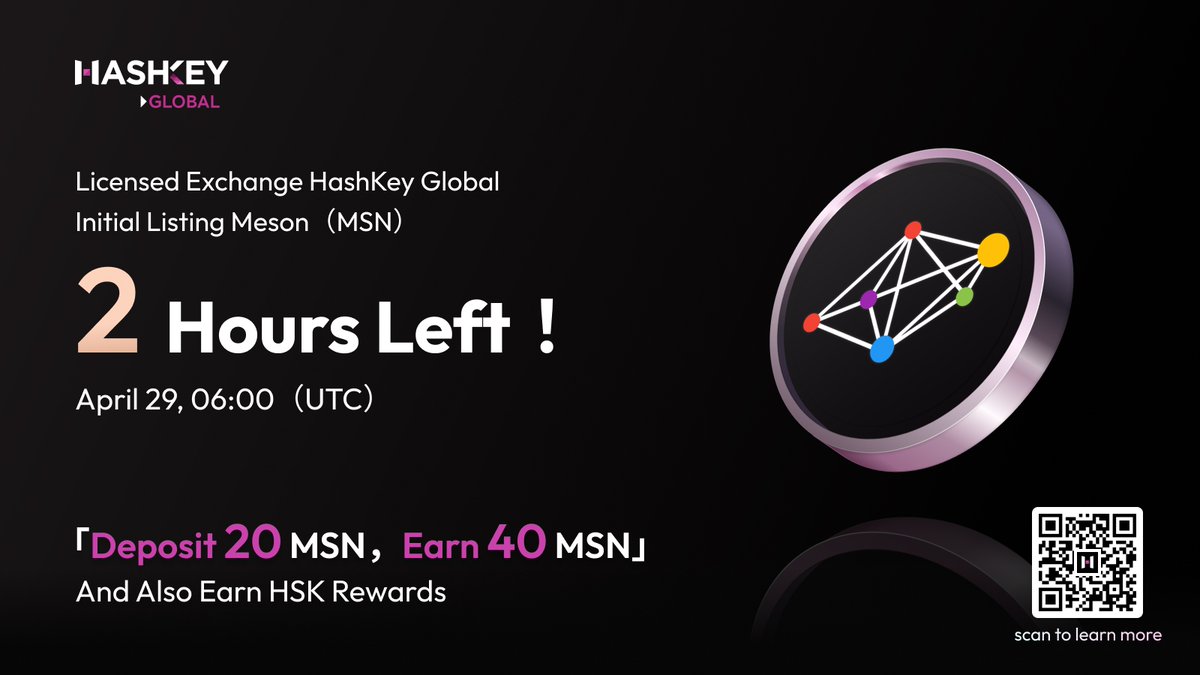 ⏰Only 2 hours left until $MSN listing on HashKey Global! 🎉 Special Launch Offer: Deposit 20 MSN, Earn 40 MSN! Get ready, set up your deposits, and enjoy the rewards! #HashKeyGlobal #HashKey @NetworkMeson #Crypto