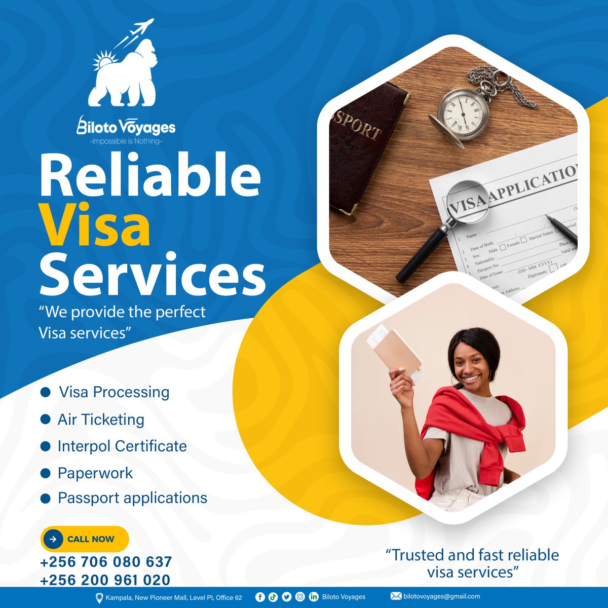 Looking for reliable Visa services to help in your travel plans, look no further than Biloto Voyages Ltd for all travel services like #airtickets, #hotels, #holidays #documentation, #visa

For more information:
Call/ WhatsApp; +256706080637 /+256200961020

#bilotovoyage