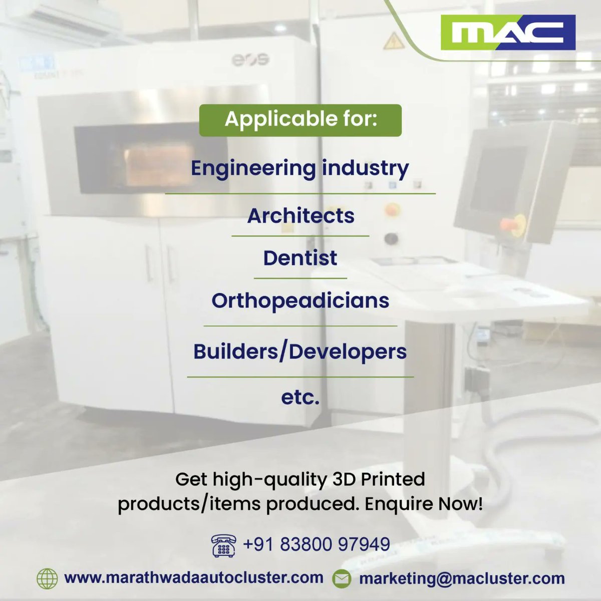 The perfect solution for your Rapid Prototyping needs. 

3D printing machine at #MAC to handle the production of your prototypes at a reasonable price. It requires less effort and saves product development time.

Enquire now!

#3Dprinting #RPT #RapidPrototyping #productdesigning