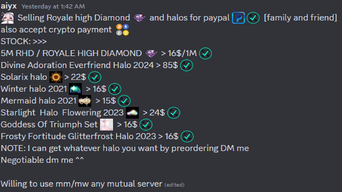 Selling royale high halos and diamond for real money paypal payment (fnf) 
 sell everything in the image
 Willing to use mm/mw
#adoptmetrades #Adoptmetrade #royalehightrades #royalehightrading #royalehighhalos #royalehighselling #adoptmetrades #adoptmetradings #royalehighgiveaway