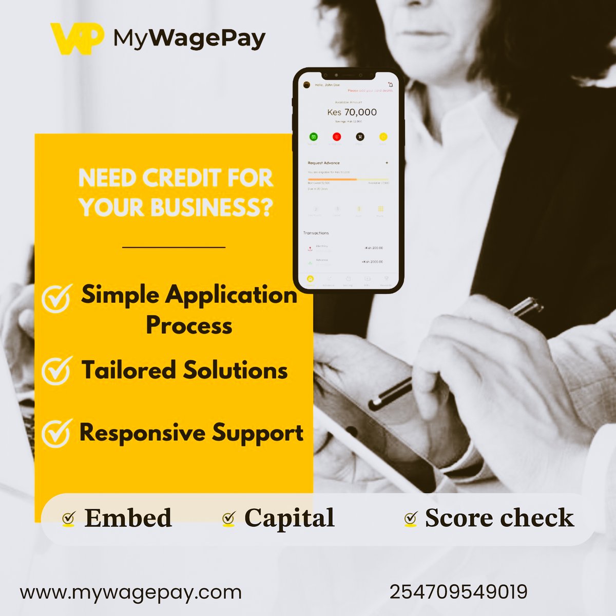 Our flexible credit options are designed to fuel your success, providing the support you need to seize every opportunity and propel your business forward. 
Reach us at 0709549019 for more information.
#fuelyoursuccess #businessempowerment #financialflexibility #mywagepay