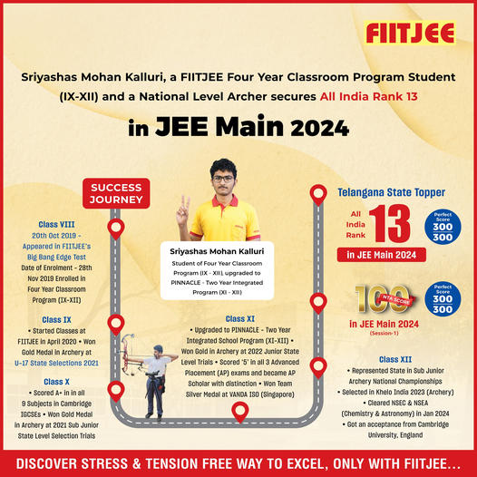 FiitjeeBhubane1's tweet photo. All India Rank 13 in JEE Main 2024 SRIYASHAS MOHAN KALLURI is a student of FIITJEE's Four Year Combined Program (Class X - XII), upgraded to PINNACLE - Two Year Integrated Program (Class XI - XII) at FIITJEE Hyderabad Centre. https://t.co/Qv46JAjsu2