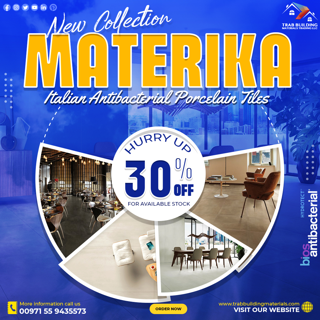 TrabLlc's tweet photo. 30% Discount on Materika Bios Antibacterial Tiles in Dubai, available in four shades (Bianco, Beige, Moka, &amp; Nero)

#bios #decor #tbmtuae #materika #trabbuildingmaterials #constructionindustry #AntiBacterialTiles 🇦🇪 #tileshop #tilesindubai #materikatiles #interiors #tbmt https://t.co/8QMntRsWuQ