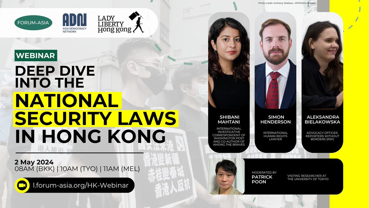 Explore the impact of Hong Kong's Article 23 with experts and activists. Join us for a critical dialogue on human rights on 2 May 2024. Register at l.forum-asia.org/HK-Webinar #HongKong #Article23 #HumanRights