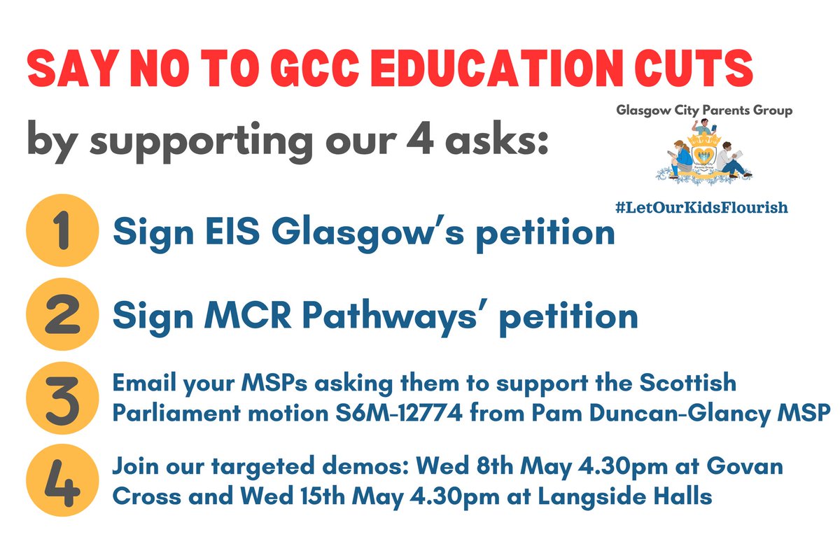 Support our education cuts campaign #LetOurKidsFlourish by completing our 4 calls to action. More details ➡️ eepurl.com/iOA5vA Please share too 💛 @EISGlasgow @mcrpathways @GMBGlasgowCC @GlasgowPam