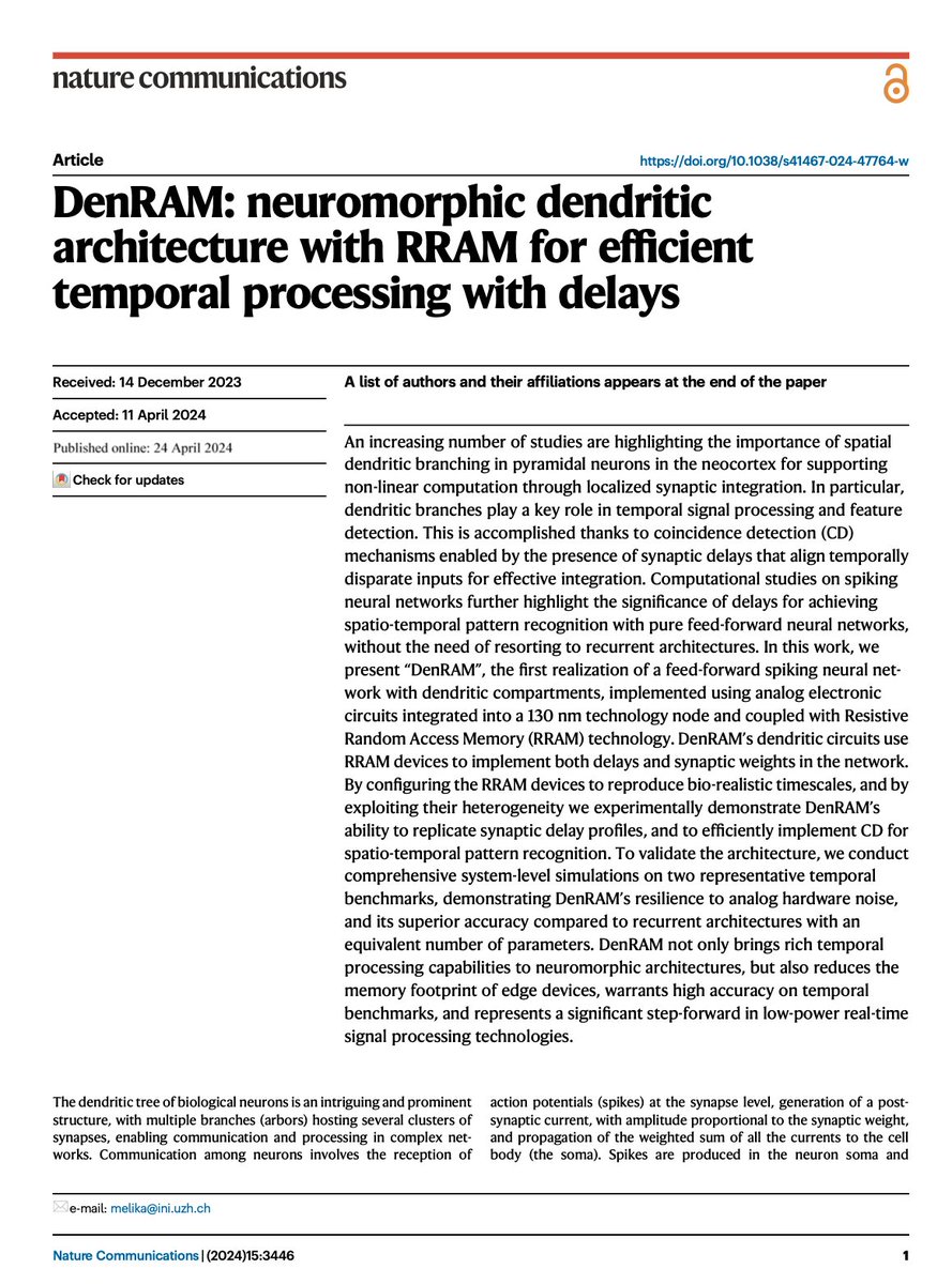 Check out 'DenRAM', the first implementation of delay-based dendritic architecture using #RRAM+CMOS technology, which we show is a natural match for efficient temporal signal processing @NatureComms. paper: nature.com/articles/s4146… code: github.com/EIS-Hub/DenRAM Thread 🧵