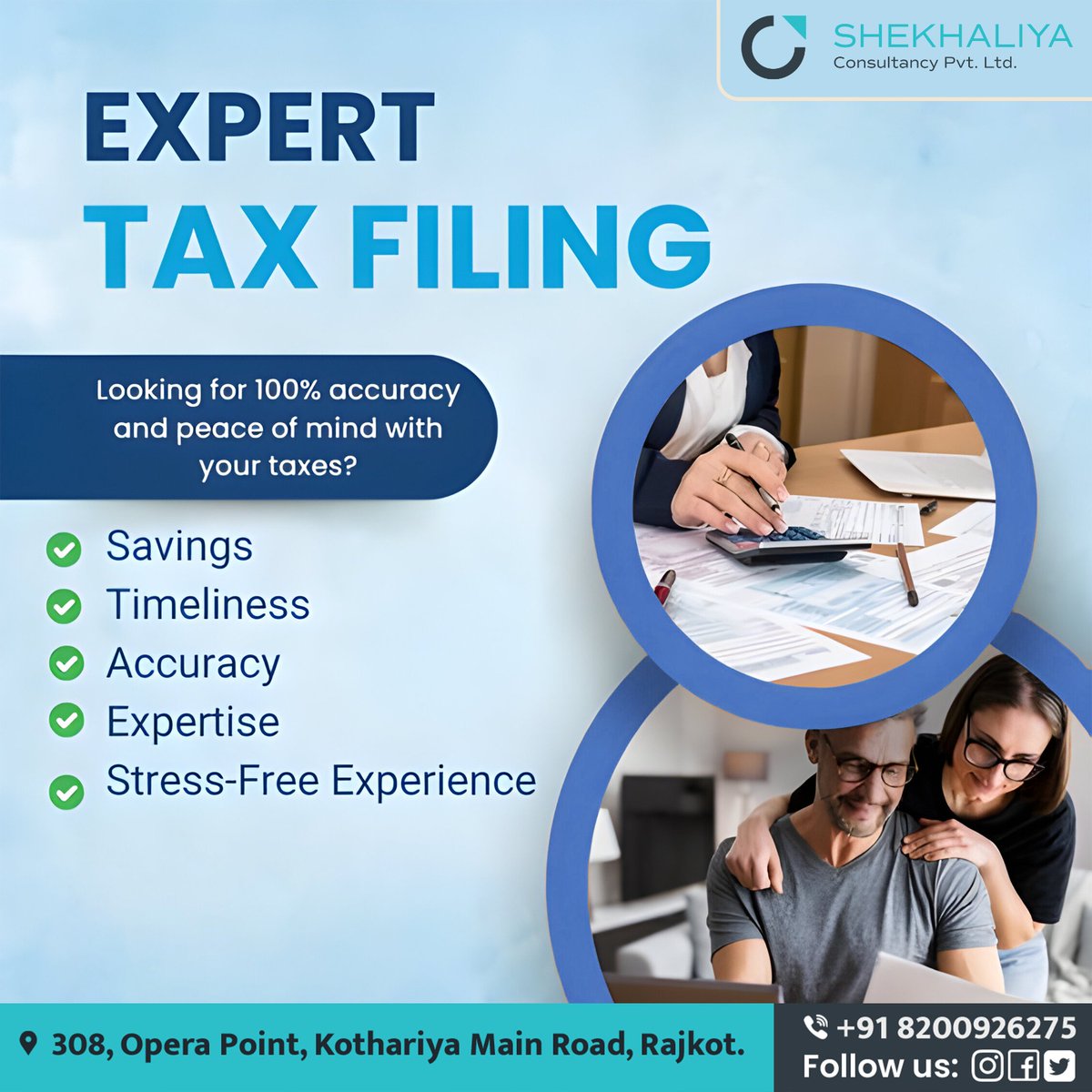 We are Expert in Tax Filling 
Benefits:- 
Savings 
Timeliness 
Accuracy 
Expertise 
Stress-Free Experience
.
.
.
#shekhaliyaconsultancy #consultancyservices #consultancyagency #loanservices #accounting  #ServicesOffered  #taxconsulting #accountingandfinance #accountingservice
