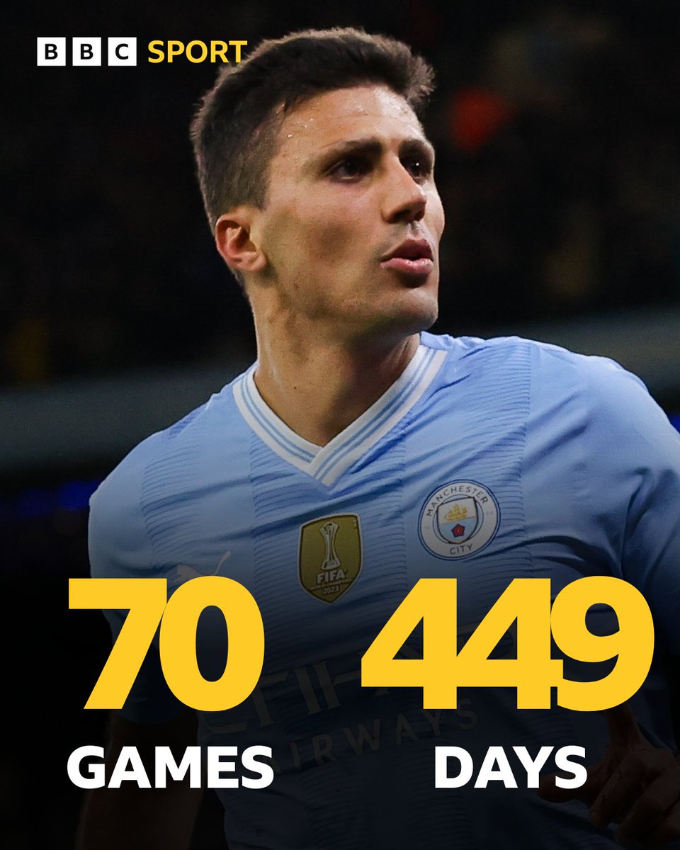 Rodri’s incredible run in all competitions has continued 🙌 It has now been 70 games and 449 days since he last lost a game for Manchester City. #BBCFootball #PL #mancity