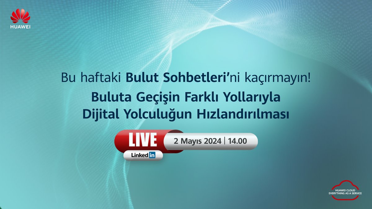 Yoğun ilgi gören #BulutSohbetleri LinkedIn canlı yayınımızın bu haftaki konusu Buluta Geçişin Farklı Yollarıyla Dijital Yolculuğun Hızlandırılması.

Kayıt için 👇
linkedin.com/feed/update/ur…

#Huawei #HuaweiCloud