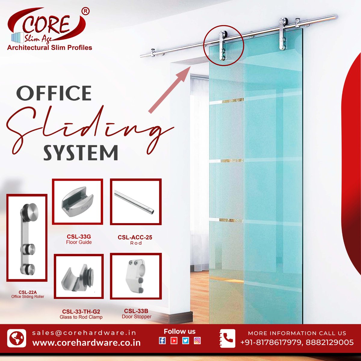 Go with Core's perfectly stylish and minimalist Office Sliding Door System for the complete-upgradation of your commercial space!

#OfficeDesign #OfficeSpace #SlidingDoors #InteriorDesign #OfficeRenovation #OfficeDecor #ModernOffice #OfficeStyle #coreglasshardware