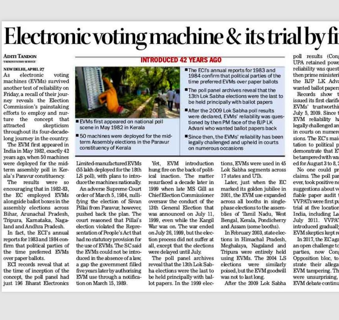 EVMs have faced and passed many an Agni Pareekshas, but the stage for trial by fire continues to be set and reset: A recall of the Indian EVM’s resilient 42 year journey and how it has survived the test of time ⁦@thetribunechd⁩ ⁦@SpokespersonECI⁩ ⁦@ECISVEEP⁩