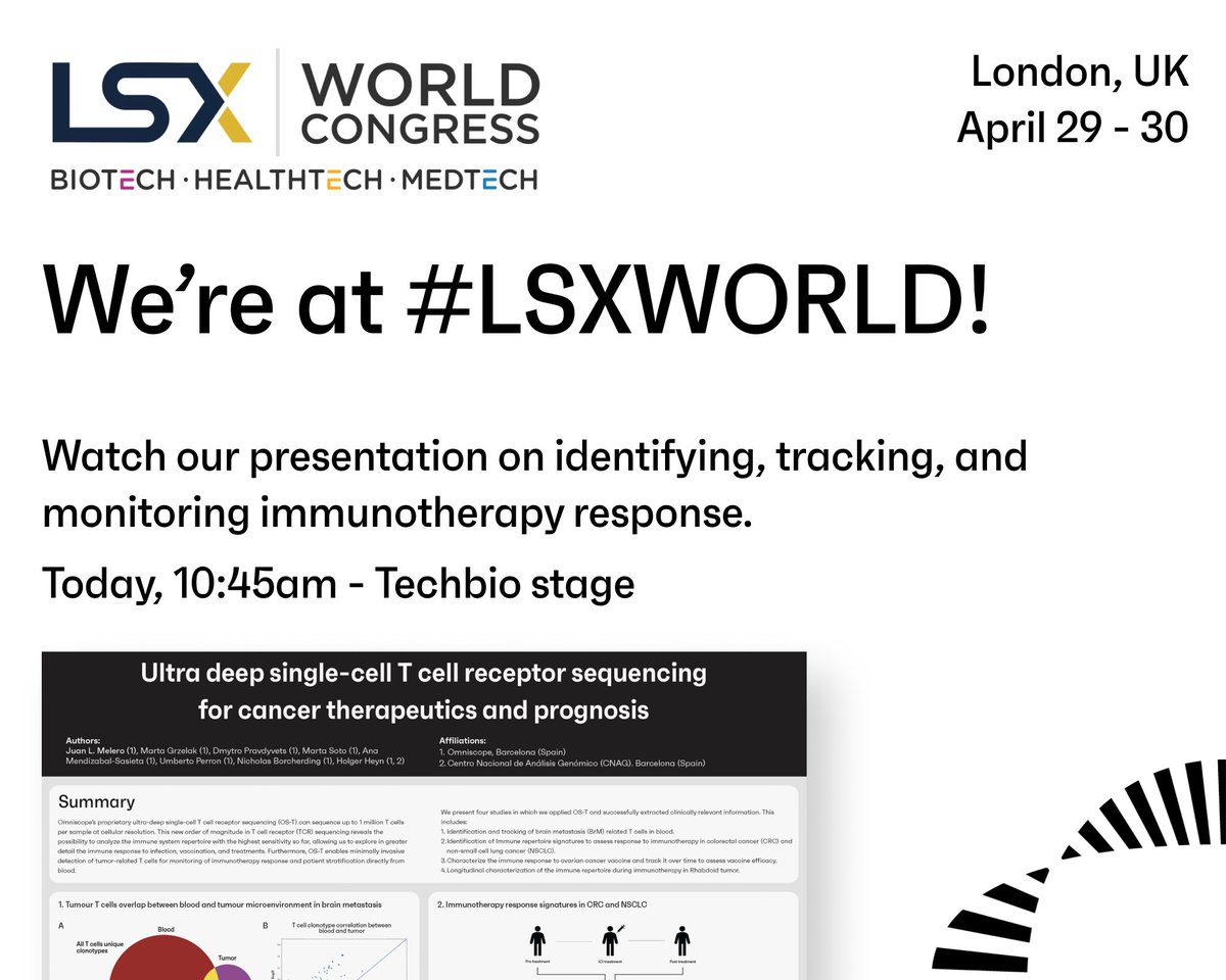 OmniscopeAI's tweet photo. Showcasing ultra-deep single-cell T cell receptor sequencing applications for cancer therapy response and prognosis at #LSXWORLD.
🤝 Request a meeting: https://t.co/a1TET3mMjm
#ScienceIsWeAll
@VOmniscope @LSXLeaders https://t.co/LQwMnzRTIF