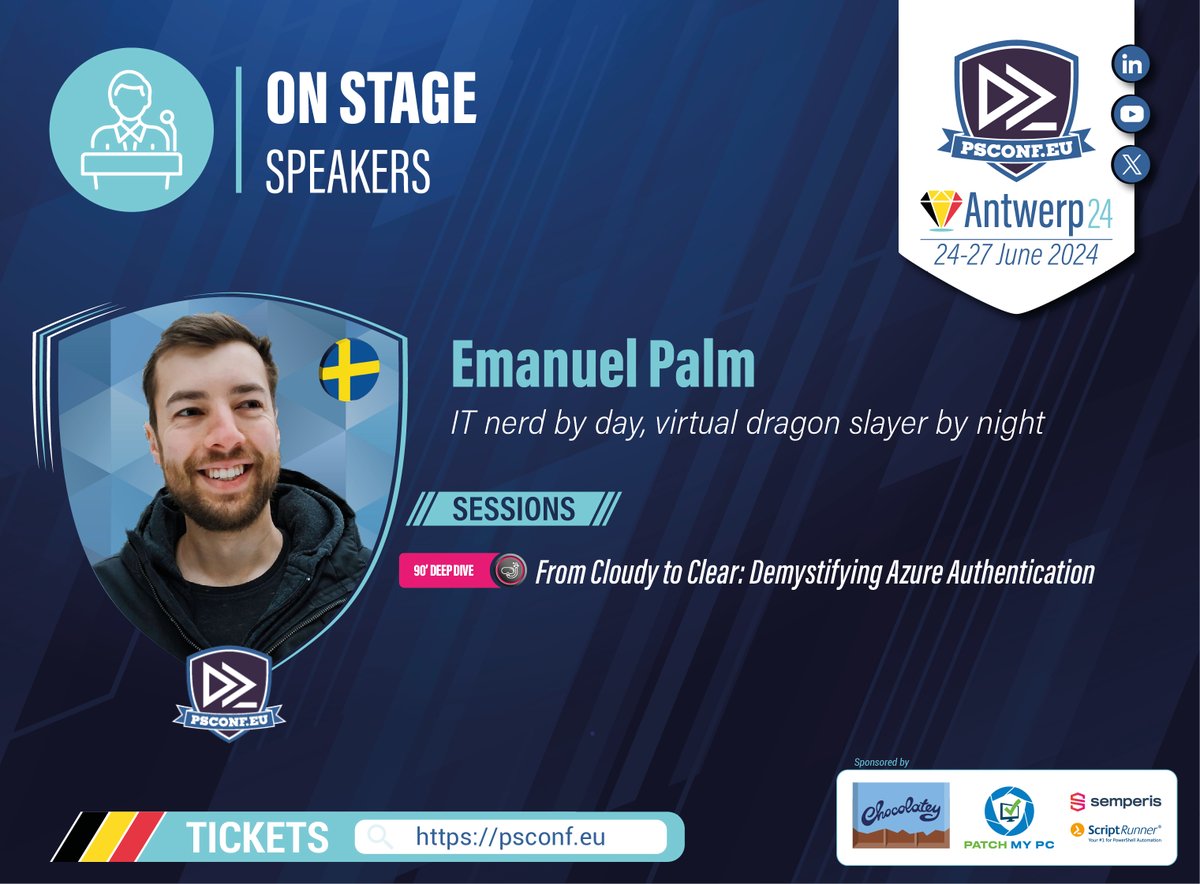 ▶️ From Cloudy to Clear: Demystifying Azure Authentication ◀️

@PalmEmanuel will be speaking during the #PowerShell Conference Europe 2024 

 📍 #Antwerp
📅 24-27 June 2024
🎟️🔗 psconf.eu
#PSConfEU
