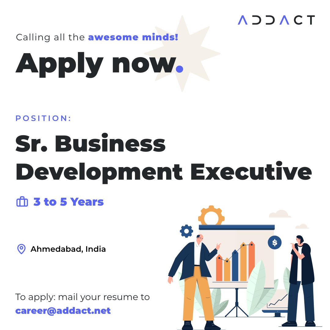 Addact is #hiring actively!

Job role: Senior Business Development Executive
Experience: 3 to 5 years
Location: Ahmedabad, India

Email us your resumes at career@addact.net and let's get in touch!

#addact #hiringalert #hiringnow #jobs #developerjobs #developer #software #hr
