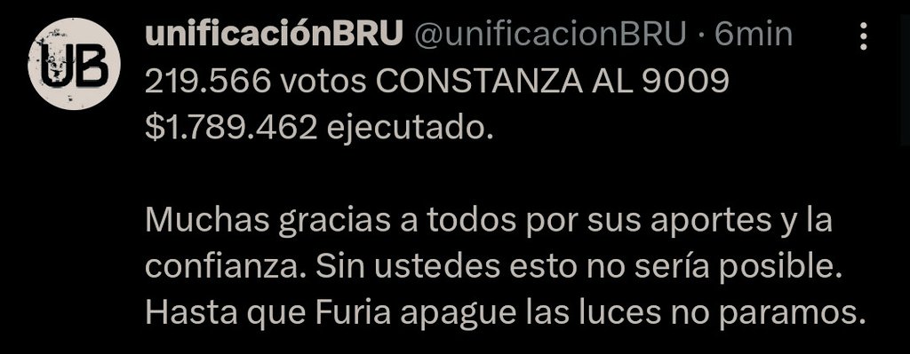 Este tweet es para hacer una mención especial y para dar gracias a las mejores unificaciones:
@unific_furiagh 
@unificacionBRU 
@artemisauniif
@UnifScaglione 
TOTAL DE VOTOS: 1.382.400
TOTAL GASTADO: $10.300.187
+ todos los votos individuales. GRACIAS❤
#GranHermano #GranFuria