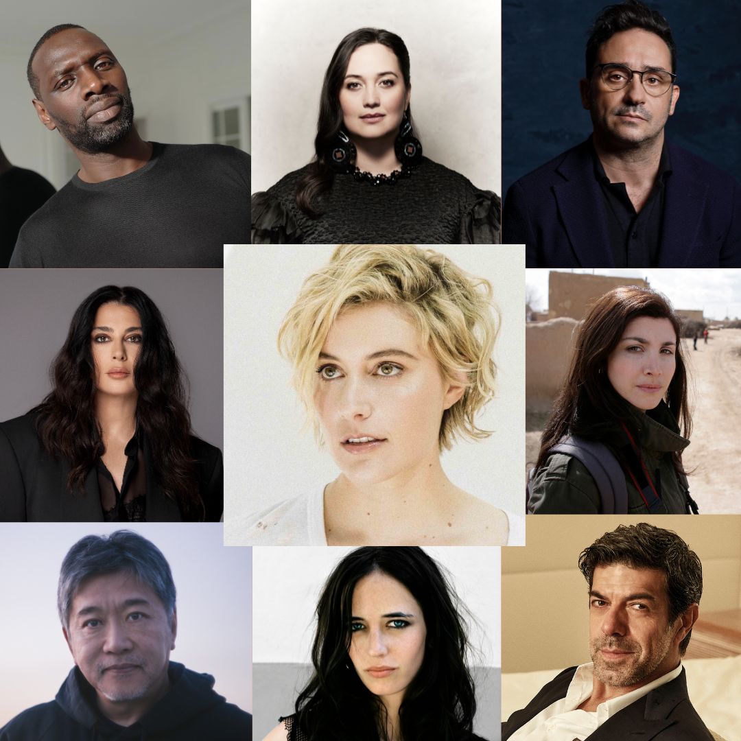 Main competition jury announced for #Cannes2024. Joining president Greta  Gerwig are, clockwise, Omar Sy, Lily Gladstone, J.A. Bayona, Ebru Ceylan, Pierfrancesco  Favino, Eva Green, Hirokazu Kore-eda and Nadine Labaki. Impressive group,  though, image size:1080x1080