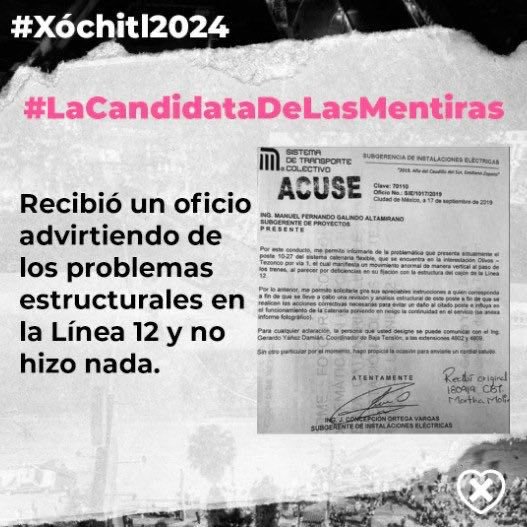 #LaCandidataDeLasMentiras dice no ser responsable de la tragedia sucedida en la Línea 12 del metro que cobró varias vidas. ¡Basta de mentiras, no vamos a CLAUdicar!

#Xóchitl2024