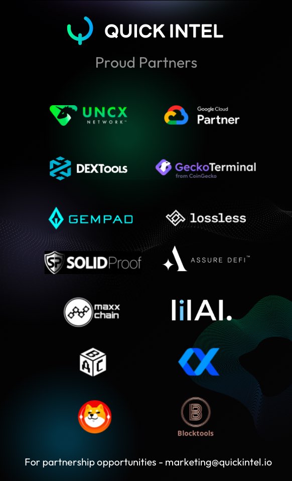 quickintel_ai's tweet photo. Forming partnerships in this space is crucial for us to carry out our mission of seeing Web3 become safer for all!

Our strategic partnerships do two things for our users: expand features and put our safety tools in the hands of more traders.

Looking to become a partner with us? Reach out at marketing@quickintel.io