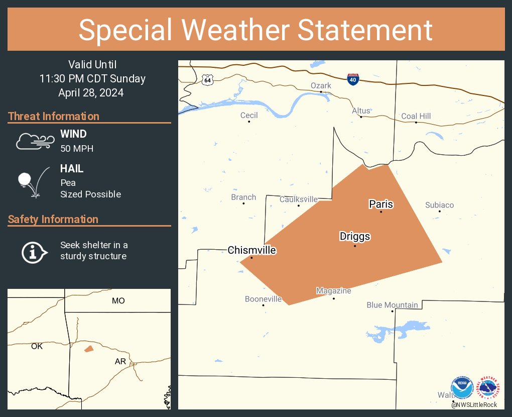 A special weather statement has been issued for Paris AR, Chismville AR and Driggs AR until 11:30 PM CDT