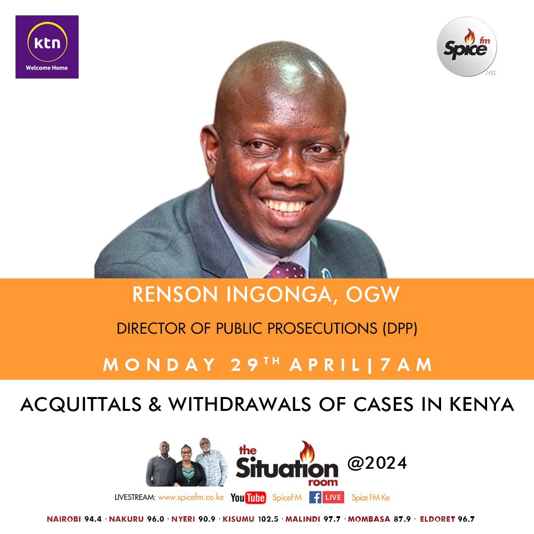 Acquittals and withdrawals of cases in Kenya.

With DPP Renson Ingonga, 7-8am #TheSituationRoom.

Livestream: youtube.com/live/jTertMKfR…