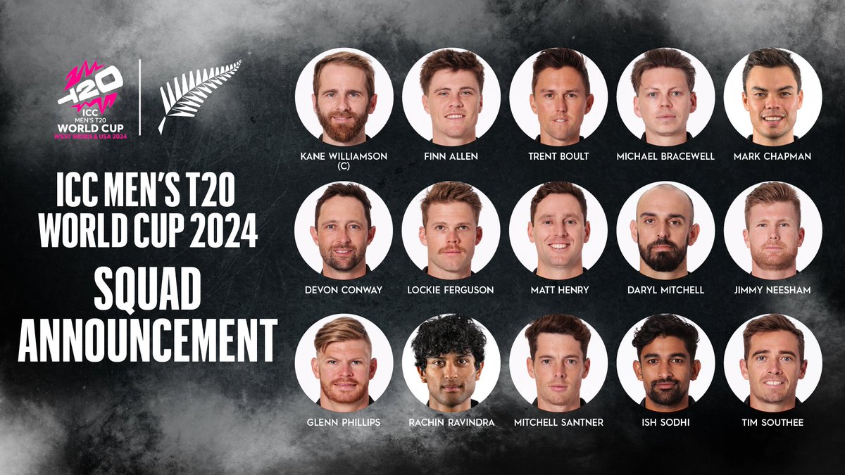 🇳🇿, 🇺🇬's group C opponents @t20worldcup 🏏 have announced their Squad for the tourney which includes notably names like Kane Williamson (C), Trent Boult, Devon Conway, Lockie Ferguson, Daryl Mitchel etc. 🇺🇬 plays 🇳🇿on the 15th June 2024 at the Brian Lara Cricket Academy in TnT.