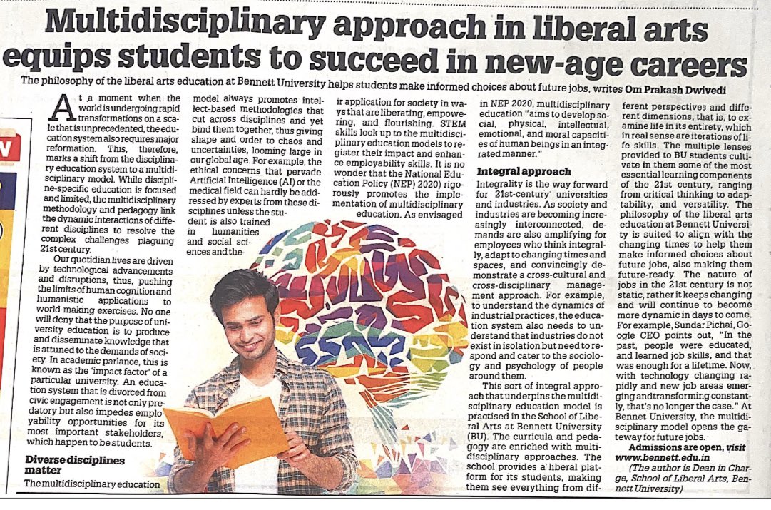 Today’s Times of India carries my article on Liberal Arts education. 
#liberalarts 
#Universities 
@DrAmitSarwal 
#NEP