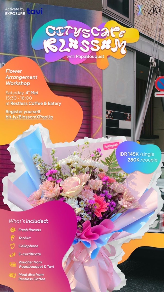 🌺[EXPOP UP: FLOWER ARRANGEMENT WORKSHOP]📷: Saturday, 4th May 2024 
ONLY FOR JOGJA

bit.ly/BlossomXPopUp
#jogja #Yogyakarta #wts #workshop #Flowers #bunga