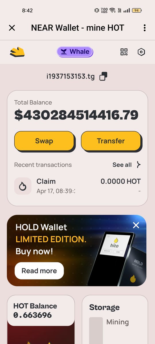 gmchanio's tweet photo. @NEARProtocol @wallet_tg @telegram @elonmusk There is small error  in hot wallet in telegram makes me a Billionaire 🤑 https://t.co/Hn8WfWgT8m