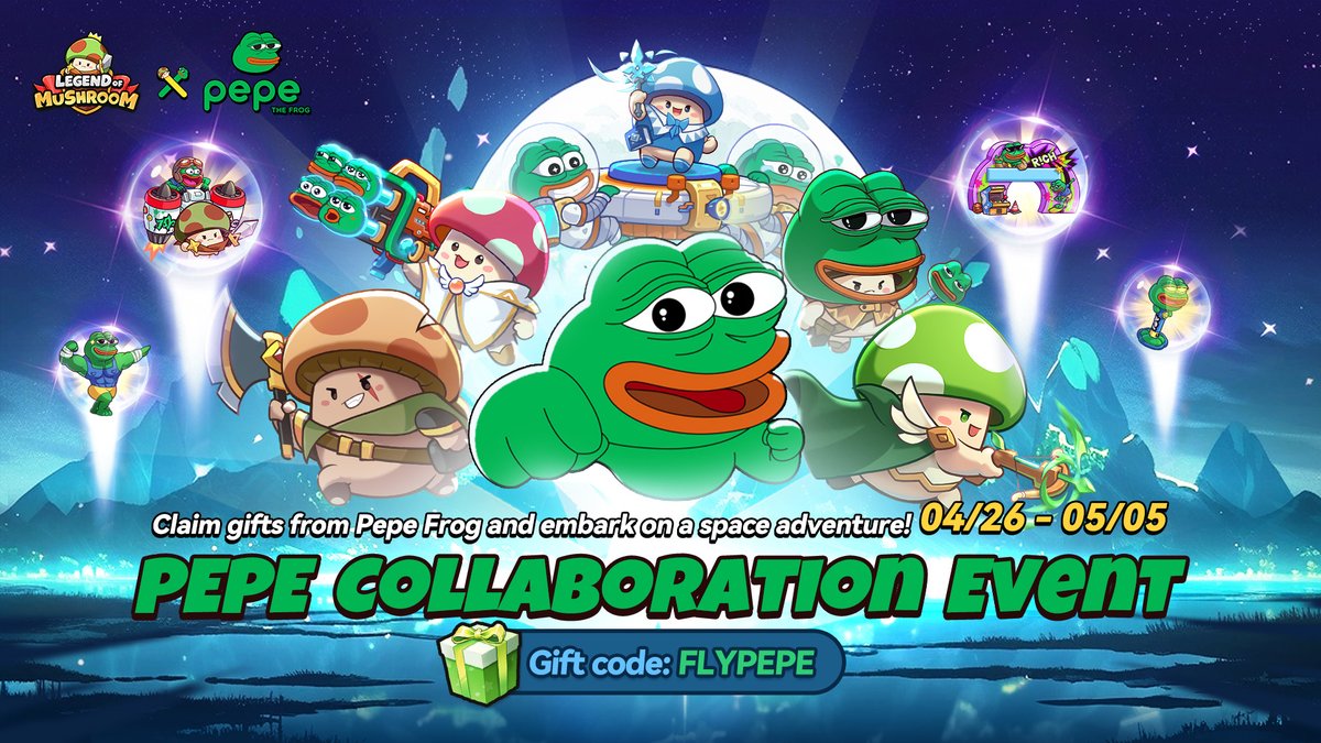 #NewEvent
🐸It's showtime for Pepe the Frog! Participate event to claim free PEPE gifts!
🔰[GIFT CODE: flypepe]🔰
⏰Event time: 04/26/2024 - 05/05/2024 

✨NEW REWARDS✨
🔸Mount - Trembling Frogs
🔸Costume - Show Off
🔸Artifact - Tear Attack
🔸Wings - Frog-style Thruster…