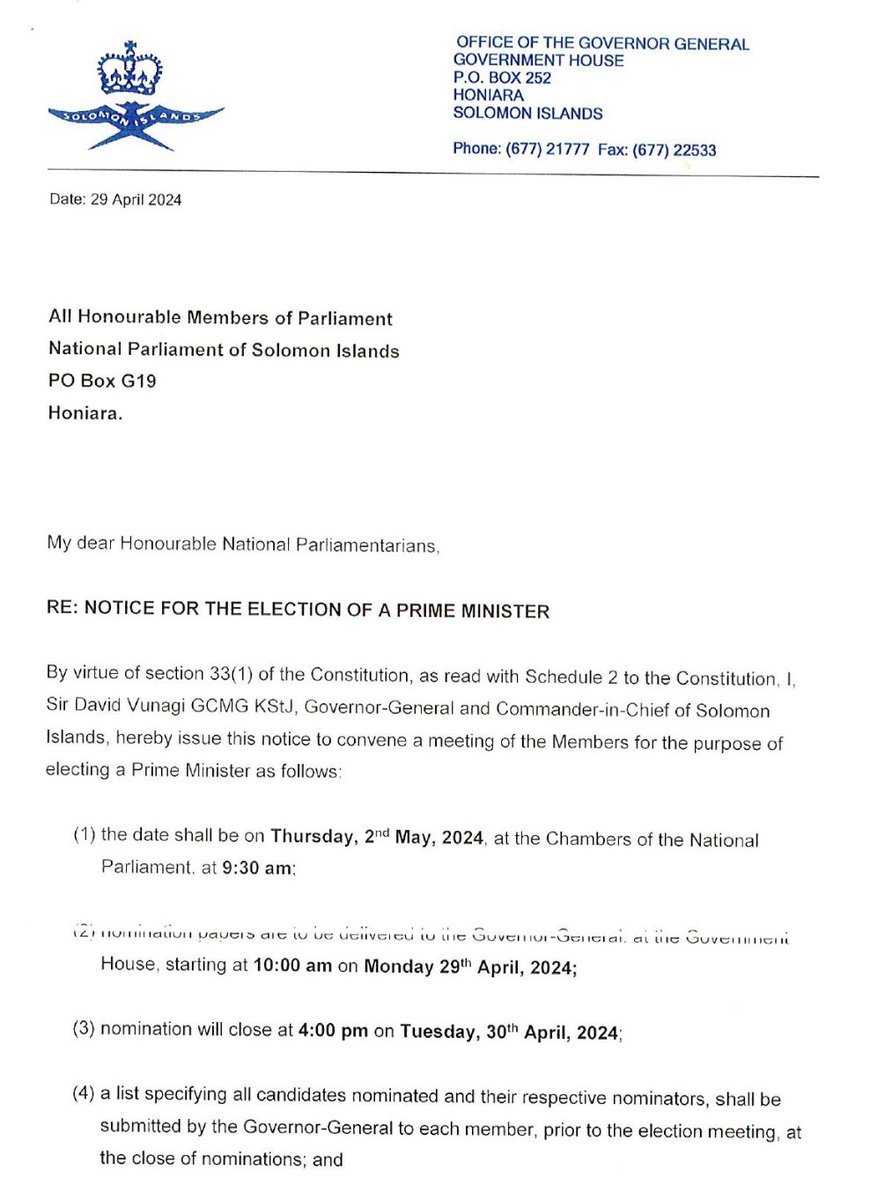 Solomon Islands Governor General calls Parliament to session on May 2 to elect a prime minister. It had earlier been reported meeting was May 8. Solomon Star reporting PM Manasseh Sogavare has pulled out and will not be running. facebook.com/groups/Pacific…
