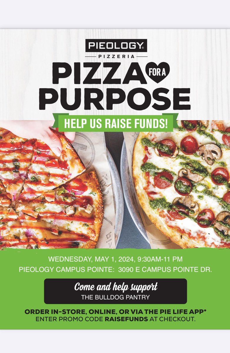 Thinking of pizza? Visit Pieology in Campus Pointe on Wednesday May 1st from 9:30am - 11pm to help the Bulldog Pantry. Your order will raise money for us when you show the flyer. details are found on the flyer. #suportbulldogpantry