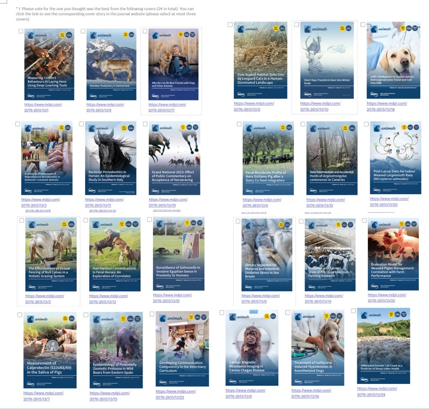 🐒 The voting for Animals 2023 Most Popular Cover Selection is open！@Animals_MDPI #Animals highlights a paper in the form of an issue cover for each issue. Please vote for the issue cover you like the most. You are welcome to participate. lnkd.in/gmYRXhAk