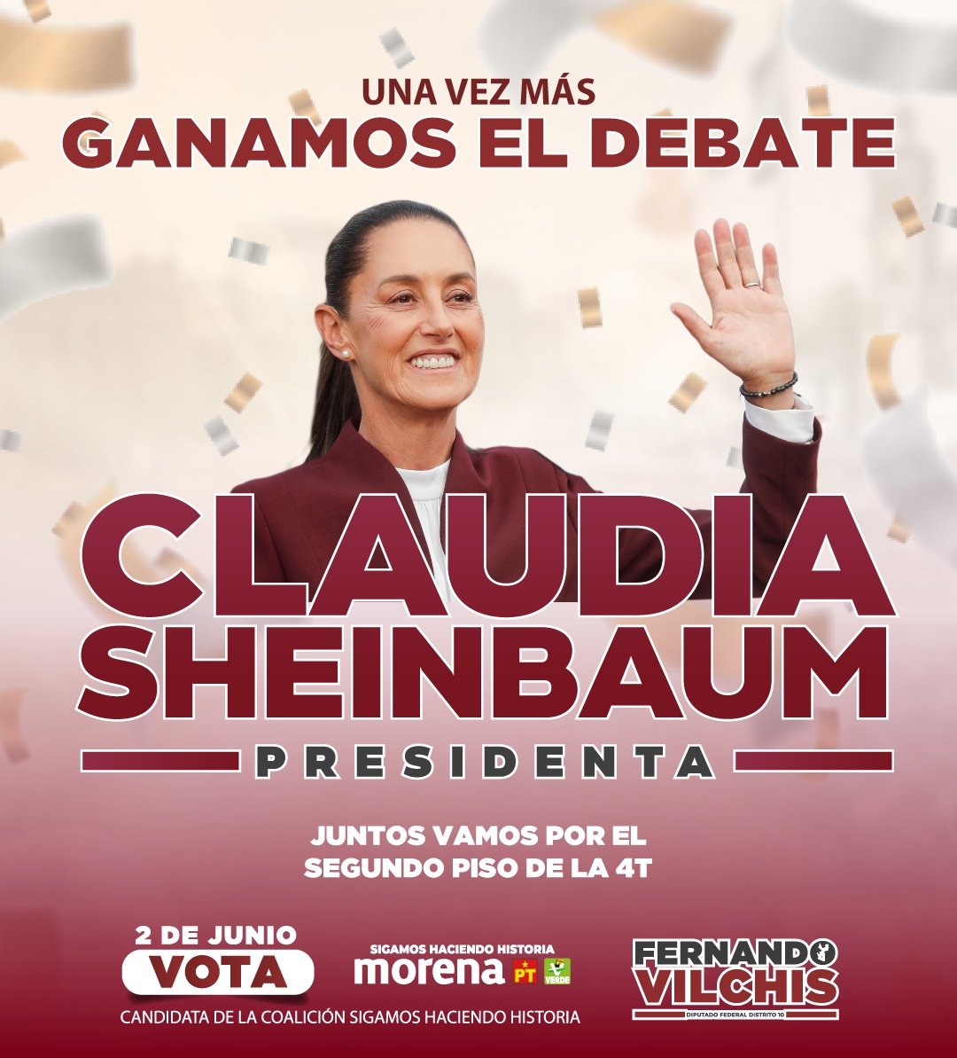 #Felicidades | Indiscutiblemente y por segunda ocasión, nuestra candidata a la presidencia de la República, la doctora Claudia Sheinbaum, se levanta triunfante de este #SegundoDebatePresidencial.
