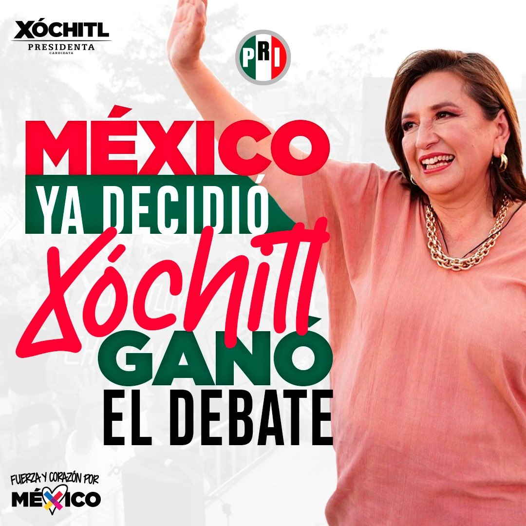 rubenmoreiravdz's tweet photo. Hoy @XochitlGalvez ganó el segundo debate y el próximo dos de junio ganará la Presidencia de la República. @PRI_Nacional #Xóchitl2024 🟢⚪️🔴 https://t.co/Ify0ervIWi