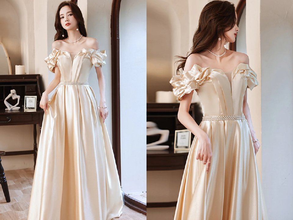 Light Champagne Satin Sweetheart Beaded Party Dress, A Line Satin Prom Dress