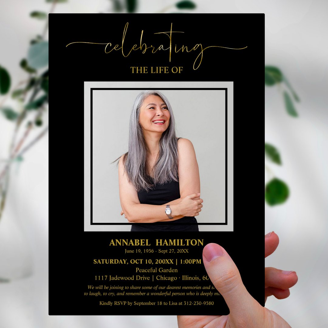 🖤✨ Planning a celebration of life? Our black and gold invitation designs will add elegance and sophistication to your event. Let us help you honor your loved one in style. #celebrationoflife 💫💌 zazzle.com/simple_elegant…
