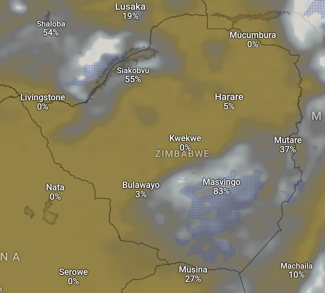A relatively cool day expected across Zimbabwe, with cloudy to partly cloudy conditions expected mainly through the South-East. Light showers possible for parts of Masvingo province, with maximum temperatures expected to remain in the 20's countrywide. ☀️ ☁️ 🇿🇼