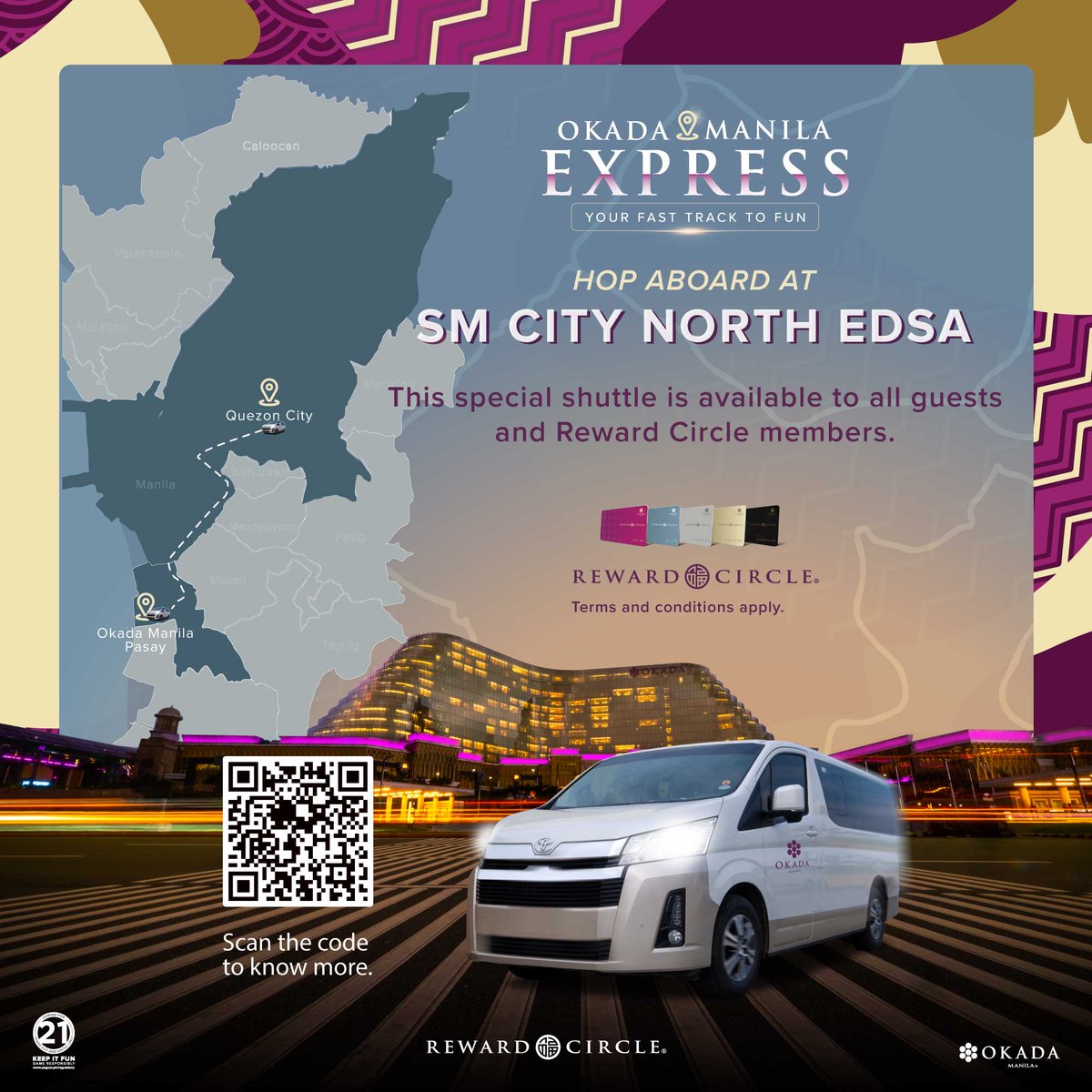 okadamanila's tweet photo. You asked, and we delivered! Okada Manila Express is now rolling to SM City North Edsa and vice versa. Find them at North Avenue, North Towers, EasyPark Entrance.

Excited yet? Find all the details at https://t.co/o1YDuFuGJa. https://t.co/KwrvAmDVnb