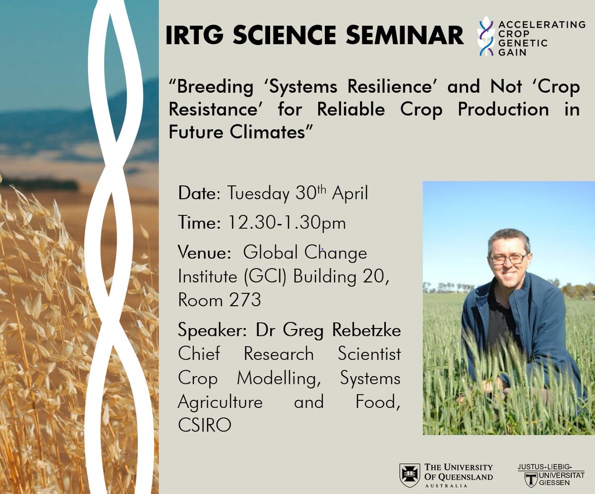 Join us tomorrow to hear from Dr Greg Rebetzke as he discusses the future of crop breeding in the face of climate change. Learn how we're adapting varieties to thrive in evolving environments, in the first installment of the IRTG Seminar series.🌽

🔗 bit.ly/3xX2kSa