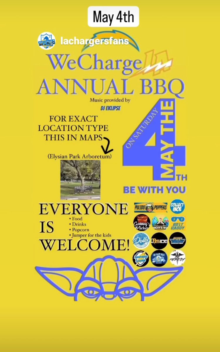 That time of year,  Bbq season ..bbq with Chargers family at Elysian Park in L.A, May the 4th..11am to 5pm #puropincheparty @BoltBrosPodcast @ChargerChatPod @dhbcvc @BoltSkwad @LosAngelesRayos @diehardboltclub @JonE_Boltpride @brisketbroads @carlos3597_ @chargers @BoltPunisher61