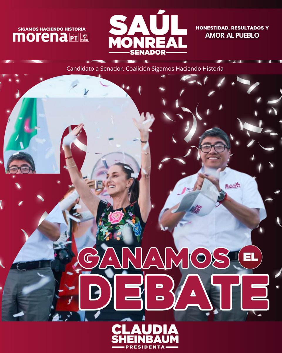 Hoy @ClaudiaShein ganó el Segundo #DebateIne. El pueblo de México está con el segundo piso de la transformación. Vamos a arrasar el próximo 2 de junio, no olviden votar todo MORENA. #ClaudiaArrasa #SaúlSenador