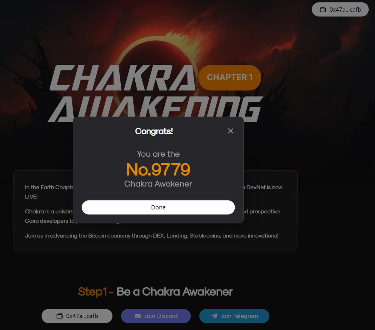 randalwick's tweet photo. My Awakener number is 9779, which is a very auspicious number. I look forward to getting the NFT whitelist
@ChakraChain

#ChakraAwakening #DevNet #Cairo #Bitcoin📷 https://t.co/dgKWTbzZkv