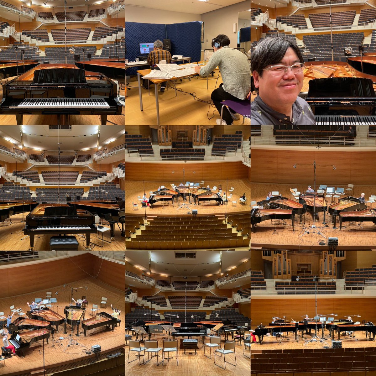 りゅーとぴあでの5台ピアノ録音のときの写真の数々。
ホールが素晴らしくて真ん中のベーゼンドルファーからホールを見た風景は絶景です。