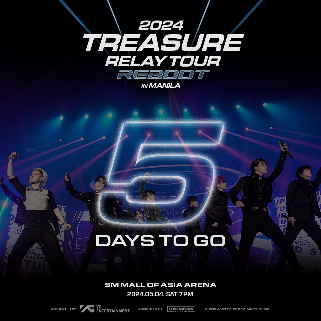 Only 5 days left until the 2024 TREASURE RELAY TOUR [REBOOT] IN MANILA! 🙌🏼 See you soon, PHILIPPINE TEUME! 😍 Get your tickets NOW: smtickets.com/events/view/12… #TREASURE #트레저 #RELAY #TOUR #REBOOT #YG #TREASURE_REBOOT_IN_MANILA