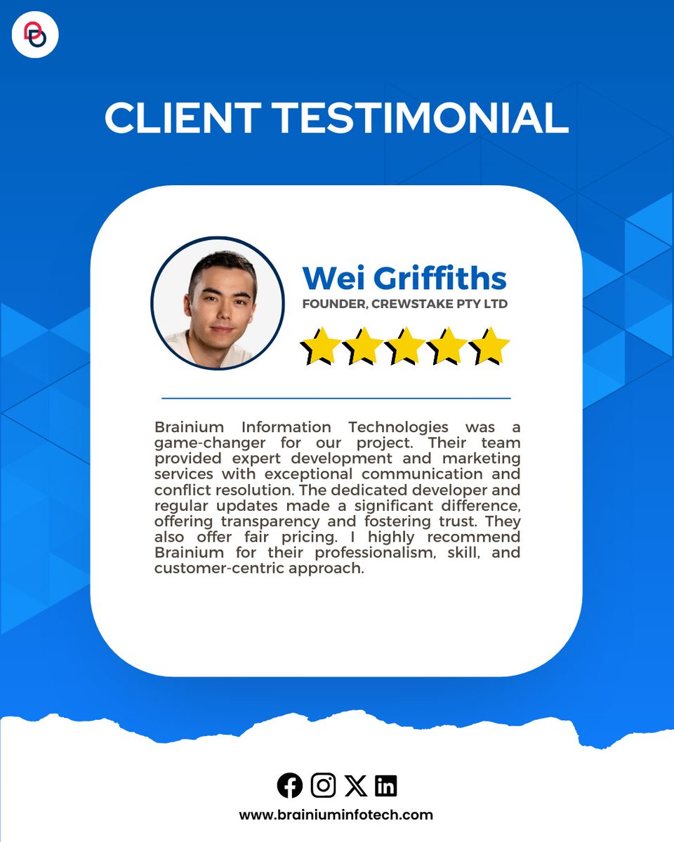 Thanks, Wei! Thrilled to have been a game-changer for your project.

Our expert team delivers top-notch services with transparent communication and fair pricing.

Seeking professionalism and skill? Choose Brainium!

#CustomerService #CustomerExperience #ideateimplementsucceed